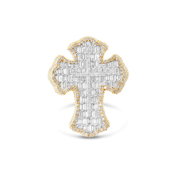 Yellow Gold 5 carat Baguette Diamond Cross Statement Ring
