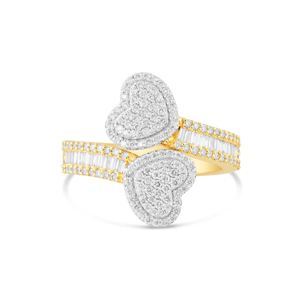 Two-Tone Solid Gold baguette diamond heart Wrap ring