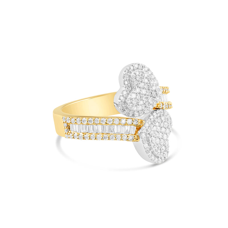 Two-Tone Solid Gold baguette diamond heart Wrap ring