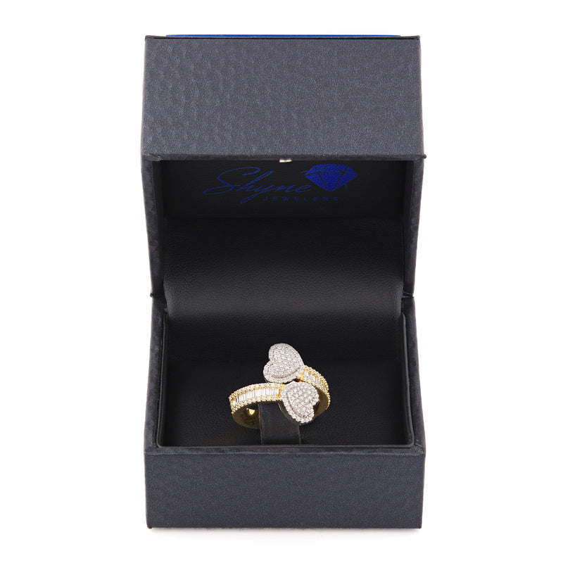 Two-Tone Solid Gold baguette diamond heart Wrap ring