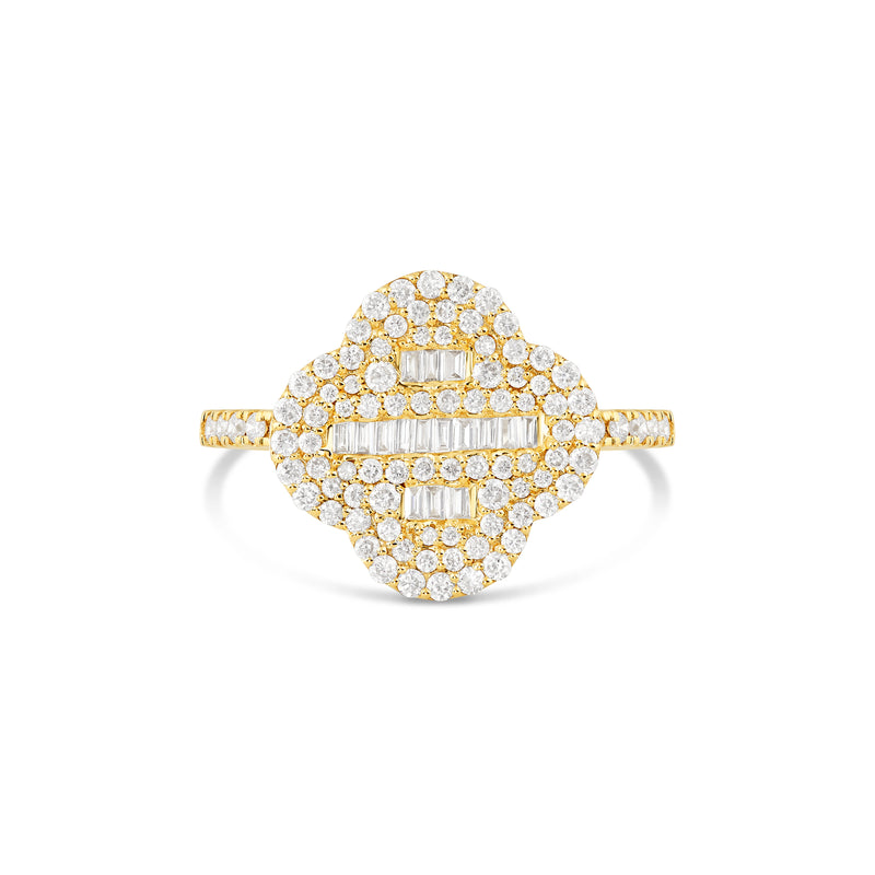 10k Yellow Gold Round and Baguette Diamond Clover Ring