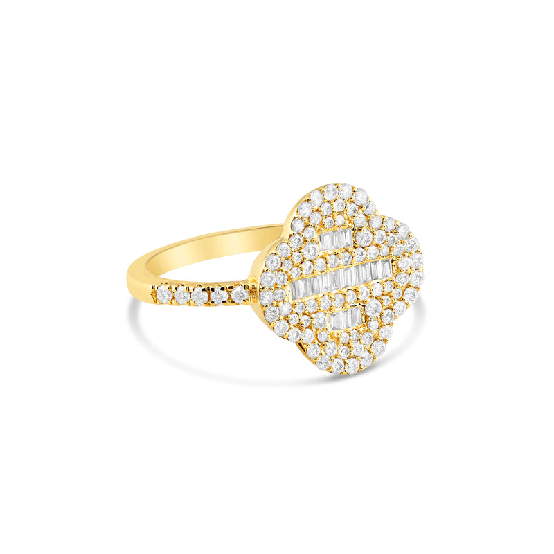 10k Yellow Gold Round and Baguette Diamond Clover Ring