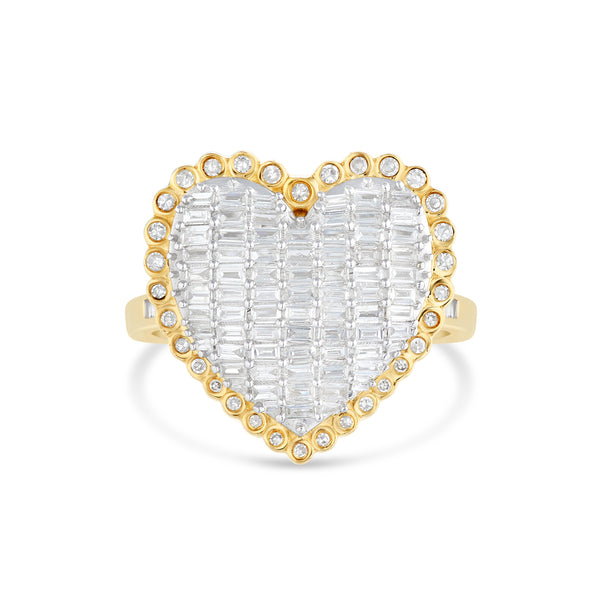 Large 14k Gold Baguette Diamond Heart Ring