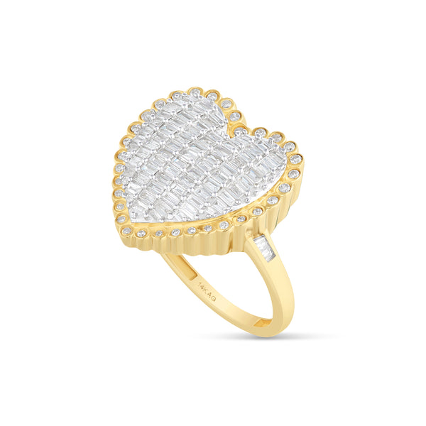 Large 14k Gold Baguette Diamond Heart Ring