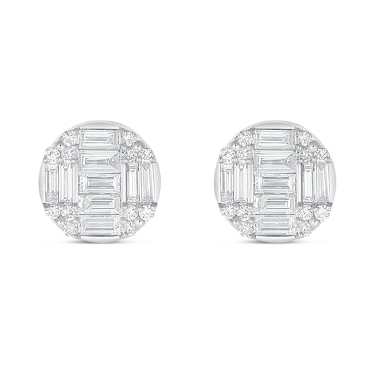 14k White Gold Baguette & Round Diamond Stud Earrings