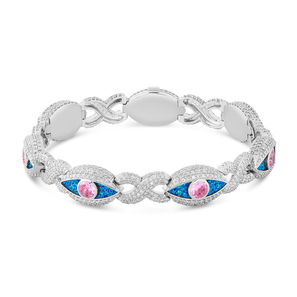 10K White Gold Evil Eye Pink and Blue Diamond Bracelet