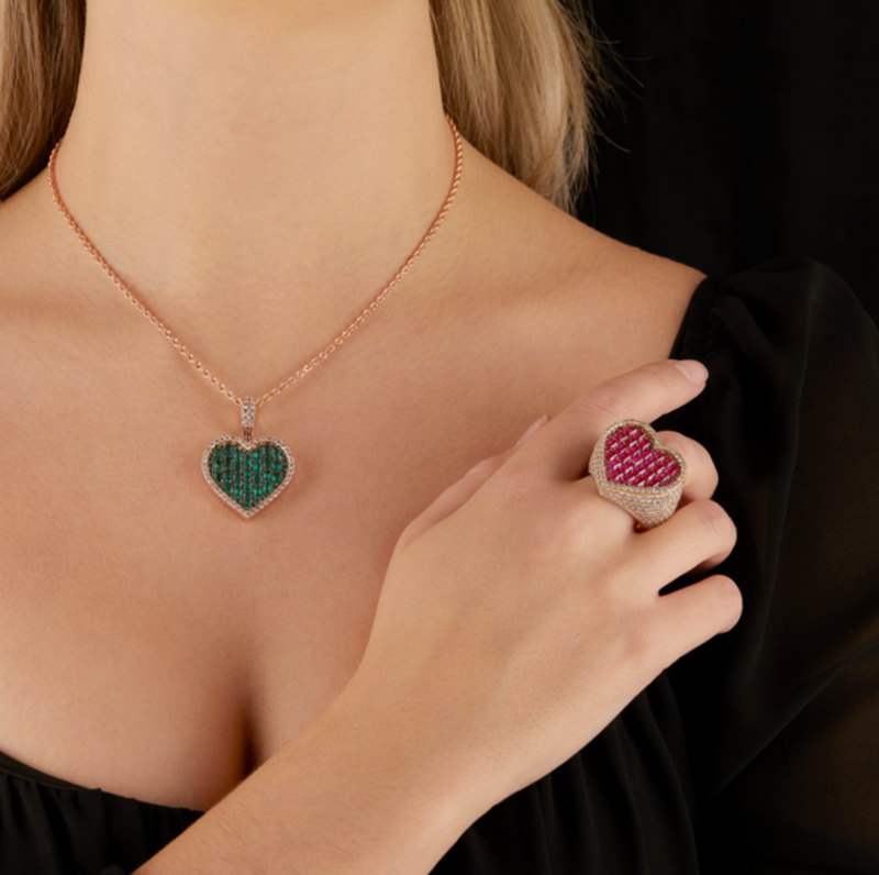 Diamond & Emerald Ruby Heart Statement Ring