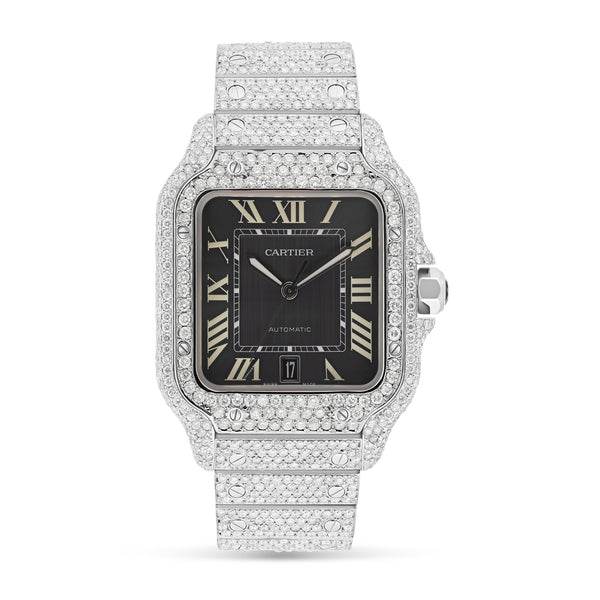 Fully Iced Out Cartier Santos 40 mm, Black Dial