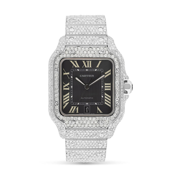 Fully Iced Out Cartier Santos 40 mm, Black Dial