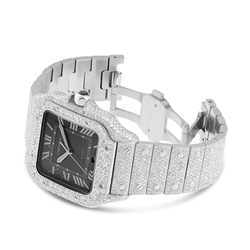 Fully Iced Out Cartier Santos 40 mm, Black Dial