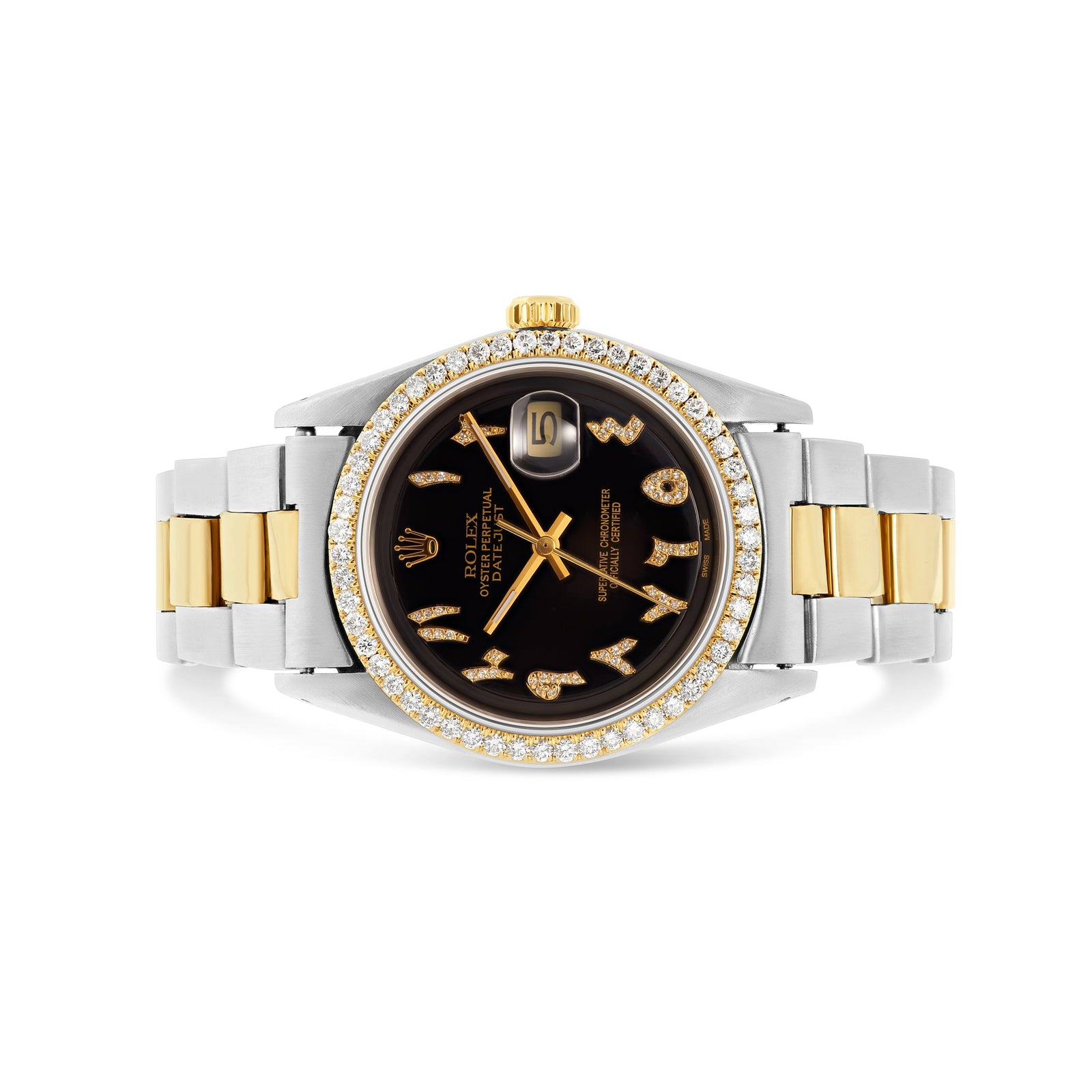 【d.i.a.】ダイヤ ゴールドラメ メタリックチェーンビキニトップス ブラック Rolex DateJust Two-Tone Oyster 36 mm; Black Arabic Diamond Dial