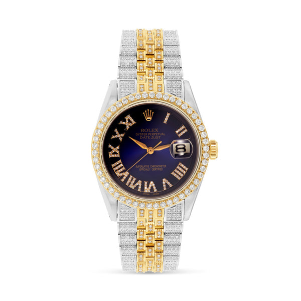 Rolex DateJust 36 mm Fully Iced Out with Diamond Bezel & Blue Dial
