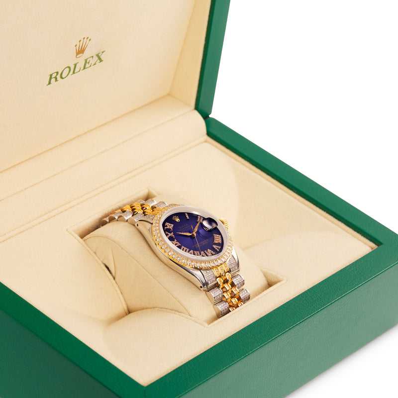 Rolex DateJust 36 mm Fully Iced Out with Diamond Bezel & Blue Dial