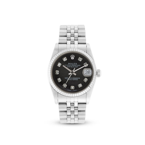 Rolex Datejust 31 mm Black Set Diamonds Dial White Gold Fluted Bezel Jubilee Ladies Watch 178274