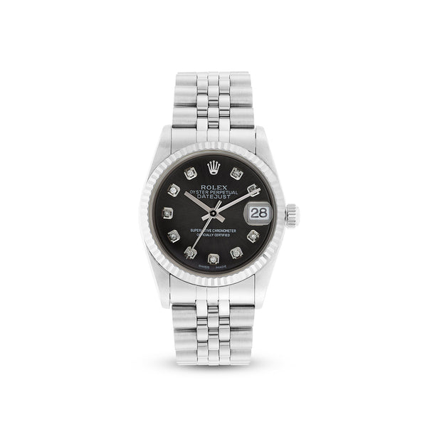 Rolex Datejust 31 mm Black Diamond Dot Dial White Gold Fluted Bezel Jubilee