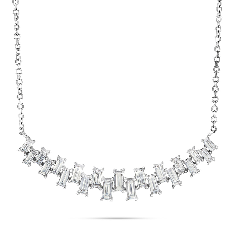 18K White Gold 1.21ct  Baguette Curved Bar Necklace