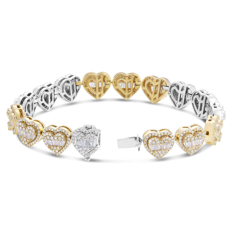 10K Gold Two Tone 5.0ct Baguette Diamond Heart Link Bracelet