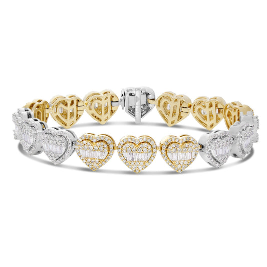 10K Gold Two Tone 5.0ct Baguette Diamond Heart Link Bracelet