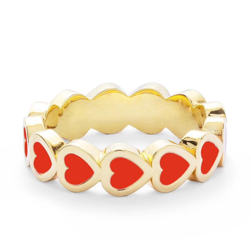 14k Yellow Gold Red Enamel Heart Eternity Band