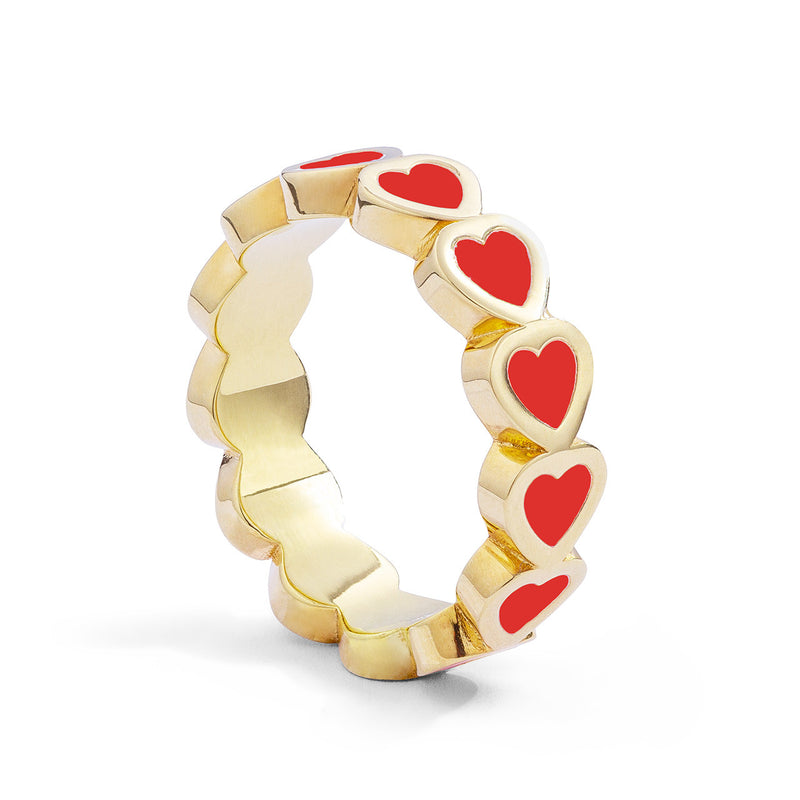 14k Yellow Gold Red Enamel Heart Eternity Band