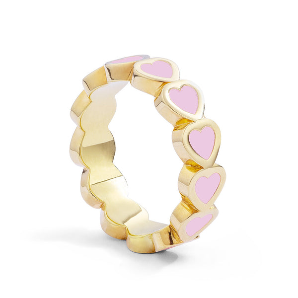 14k Yellow Gold Pink Enamel Heart Eternity Band