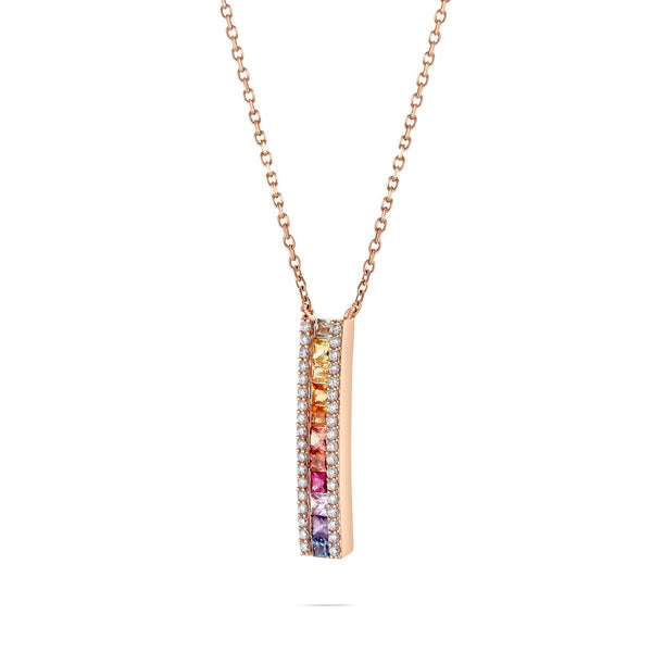 18K Gold 0.18ct Multicolor Diamond and Rainbow Sapphire Bar Necklace