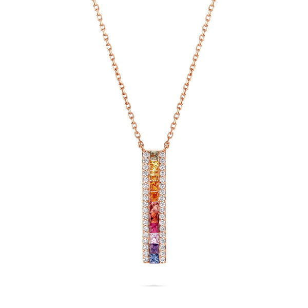 18K Gold 0.18ct Multicolor Diamond and Rainbow Sapphire Bar Necklace