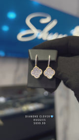 14k Gold Clover Diamond Huggie Earrings
