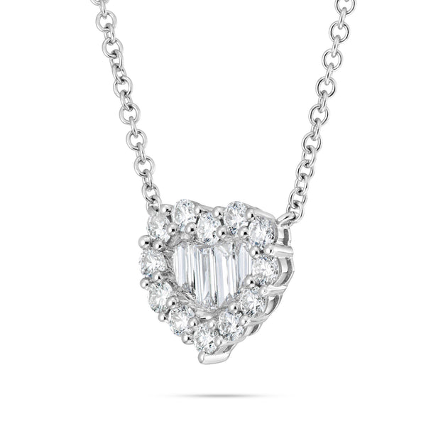 18K White Gold 0.92ct Baguette Diamond Heart Cluster Necklace