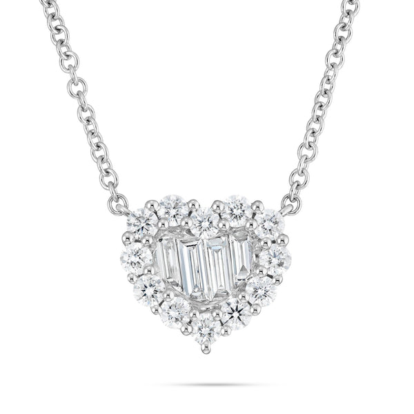18K White Gold 0.92ct Baguette Diamond Heart Cluster Necklace