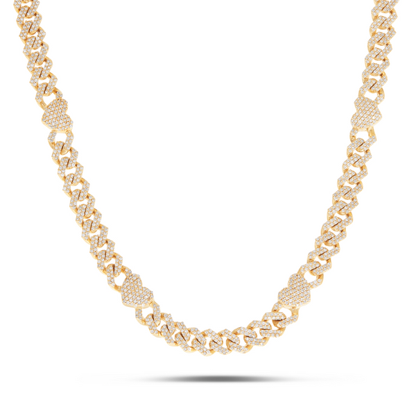 10K Gold 4.21ct Diamond Cuban Chain with Heart Motifs