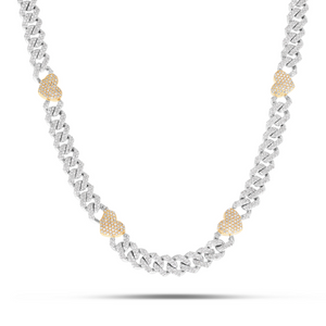 10K Gold Two Tone 4.20ct Diamond Cuban Chain with Colored Heart Motifs