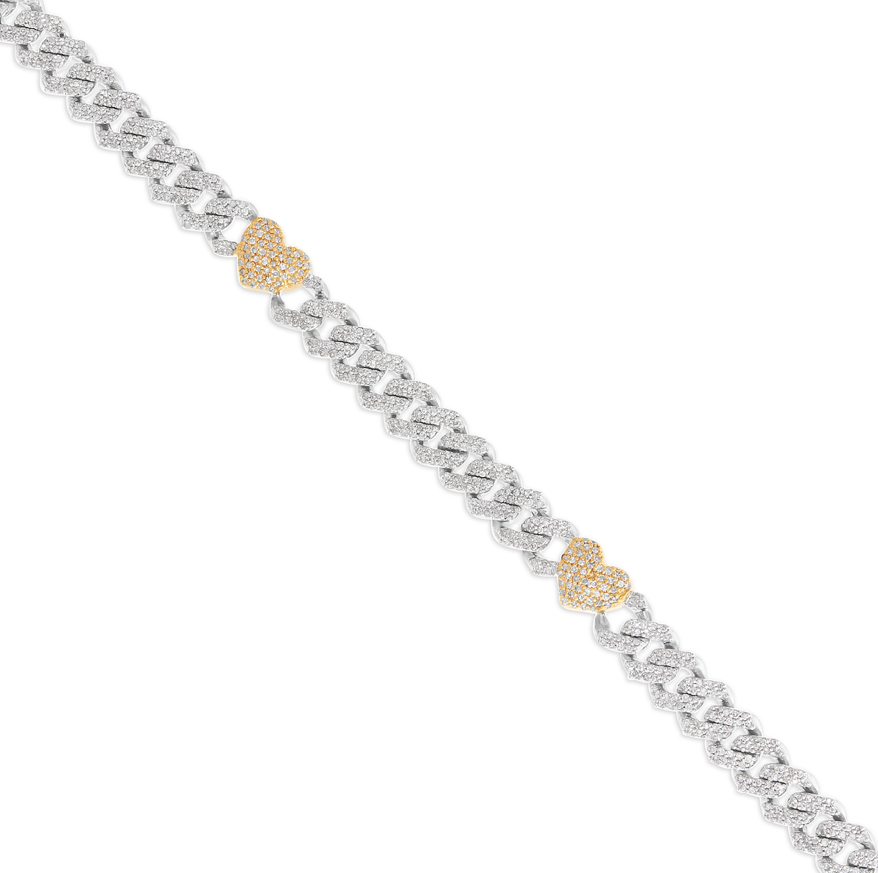 10K Gold Two Tone 4.20ct Diamond Cuban Chain with Colored Heart Motifs