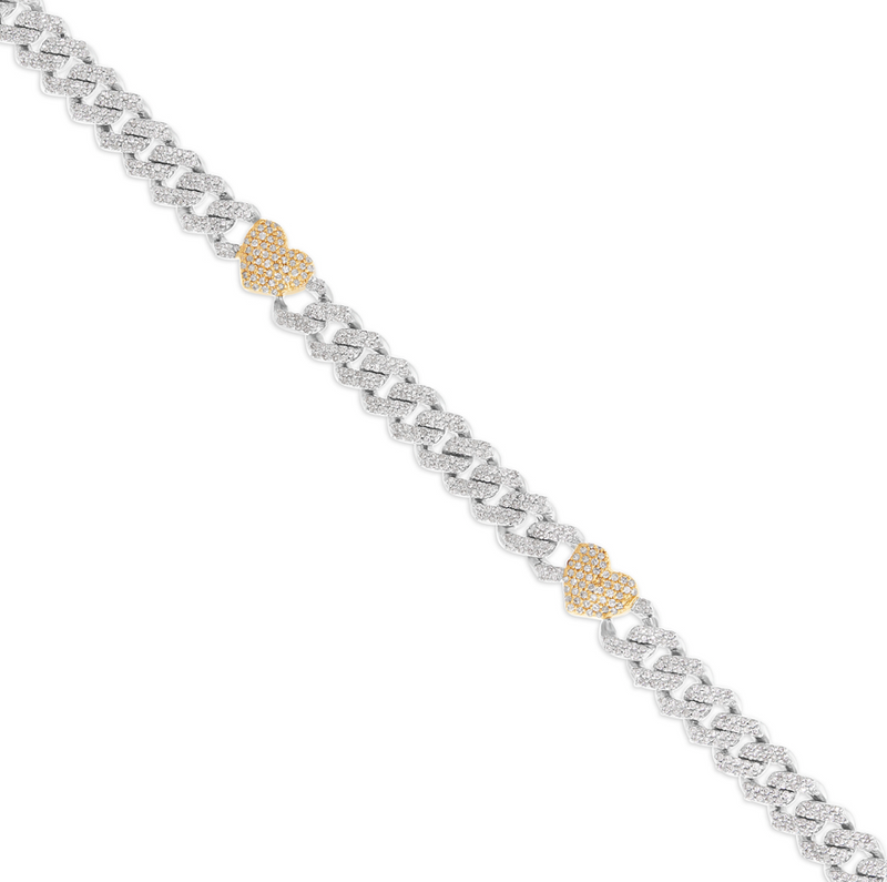 10K Gold Two Tone 4.20ct Diamond Cuban Chain with Colored Heart Motifs