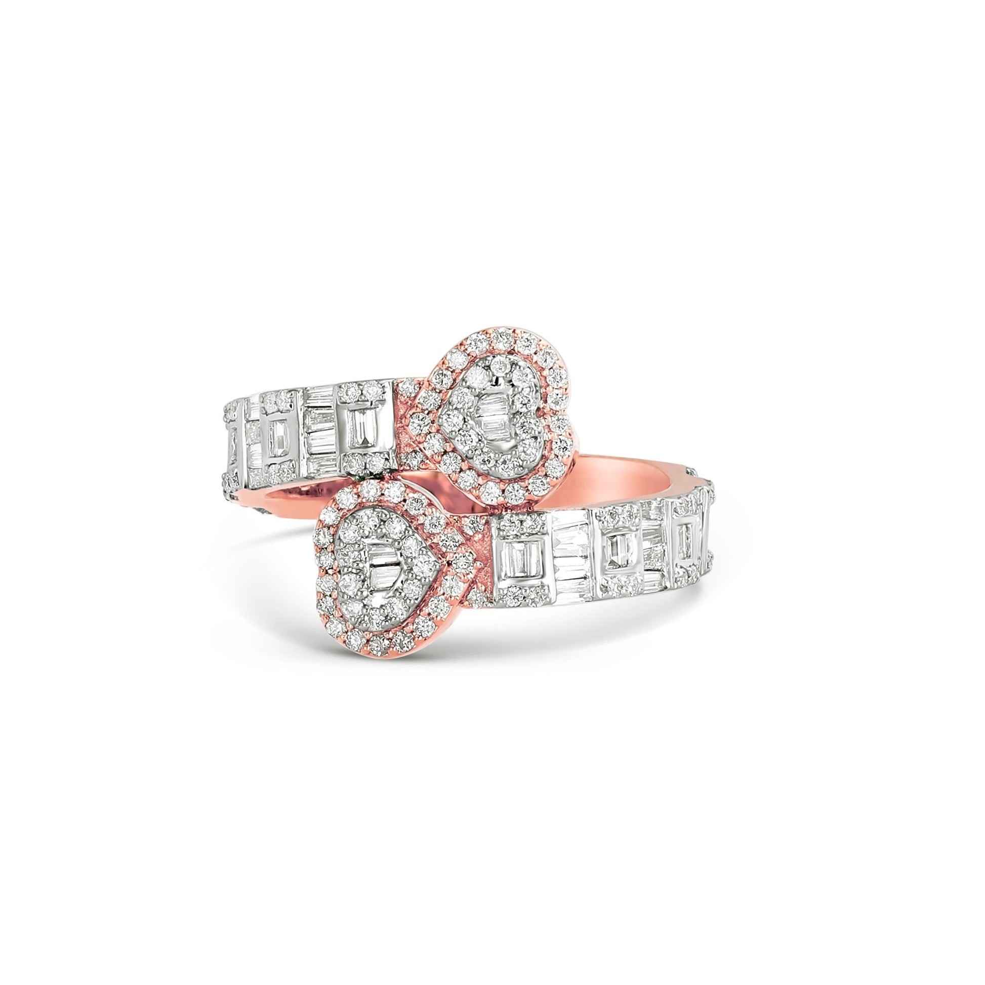 Baguette Double Heart Diamond Wrap Ring - Shyne Jewelers BAGHEARTRING_1 Rose Gold Shyne Jewelers