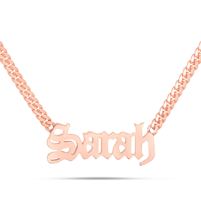 Custom Solid Gold Name Necklace, Small - Shyne Jewelers Rose Gold 10KT Olde English Shyne Jewelers