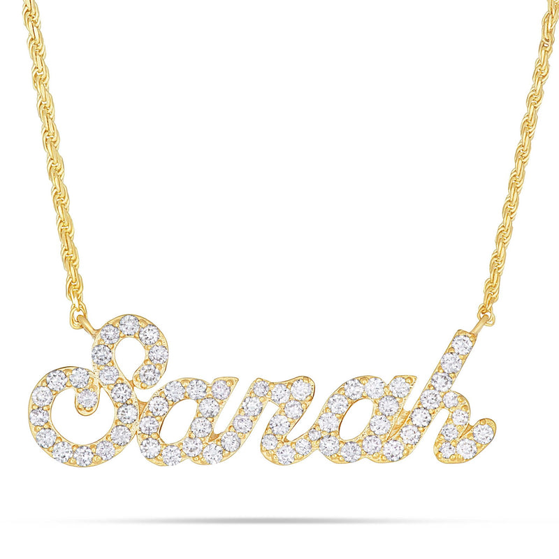 YOUR NAME Custom Large Gold Diamond Cursive Name Necklace SHYNE JEWELERS