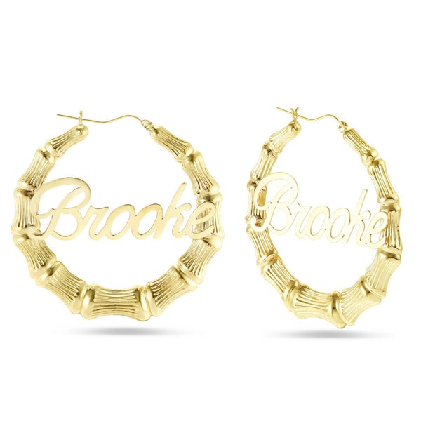 Gold Bamboo Name Hoops - Shyne Jewelers 1 Inch Shyne Jewelers