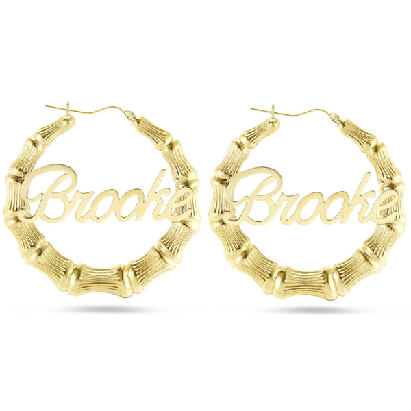 Gold Bamboo Name Hoops - Shyne Jewelers 1 Inch Shyne Jewelers