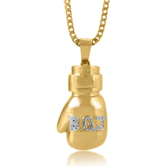 10k Custom Yellow Gold 1.5ct Diamond Initial Boxing Glove Pendant On Chain Front View