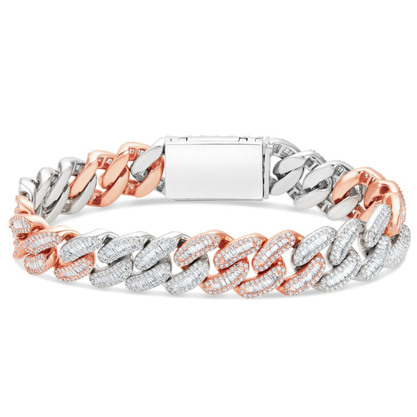 Two-tone Baguette Diamond Cuban Bracelet, 14 mm - Shyne Jewelers Rose & White Gold Shyne Jewelers