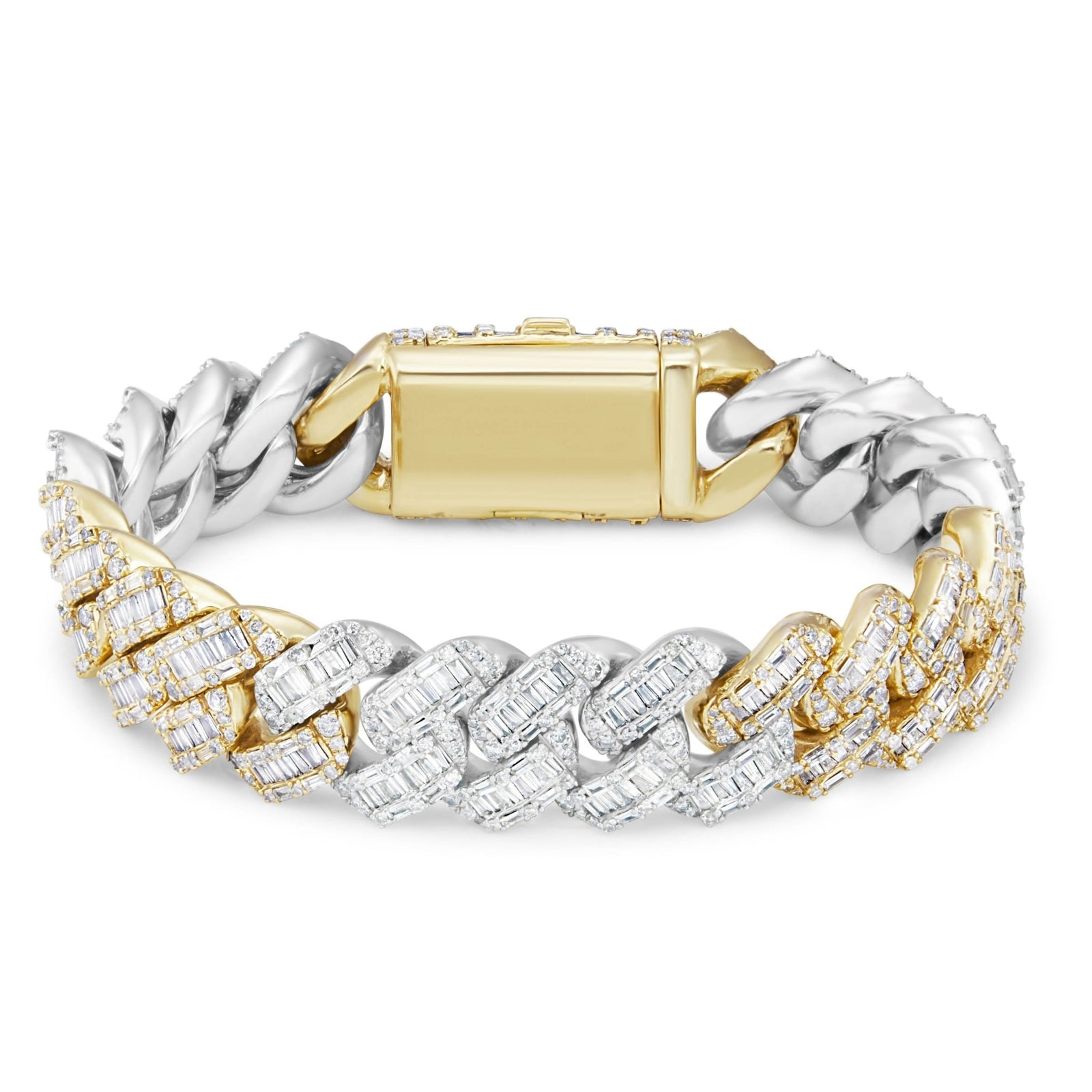 10K Gold Two Tone Baguette Diamond 10mm Cuban Bracelet